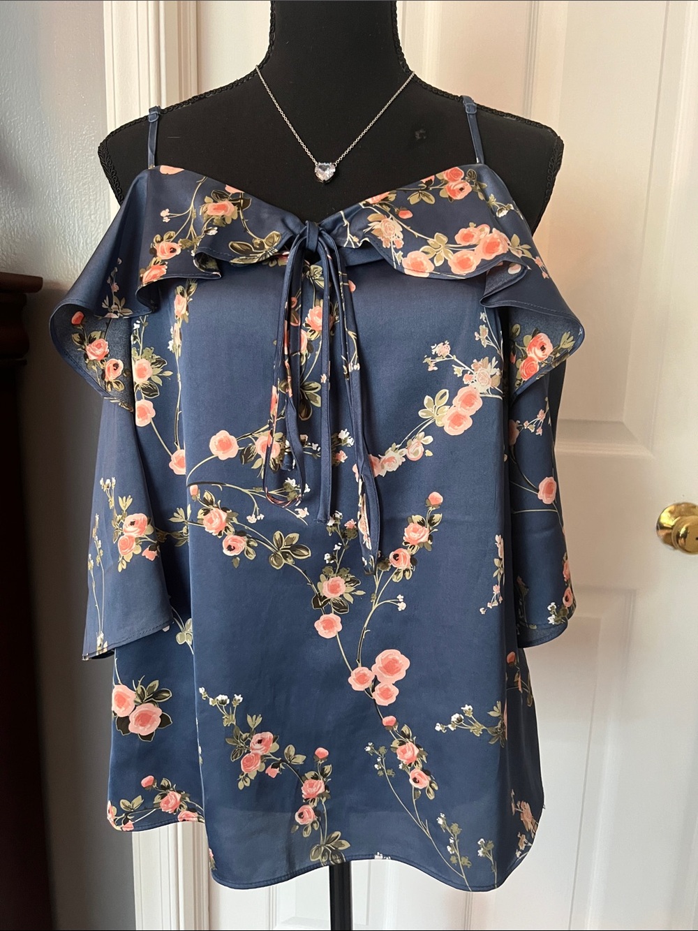 Soho Navy Blue Cold-Shoulder Floral Blouse with Pink Roses